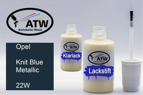 Opel, Knit Blue Metallic, 22W: 20ml Lackstift + 20ml Klarlack - Set, von ATW Autoteile West.